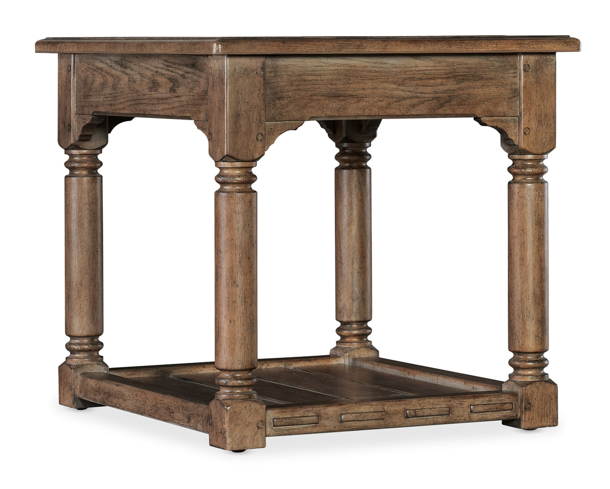a wooden table with columns