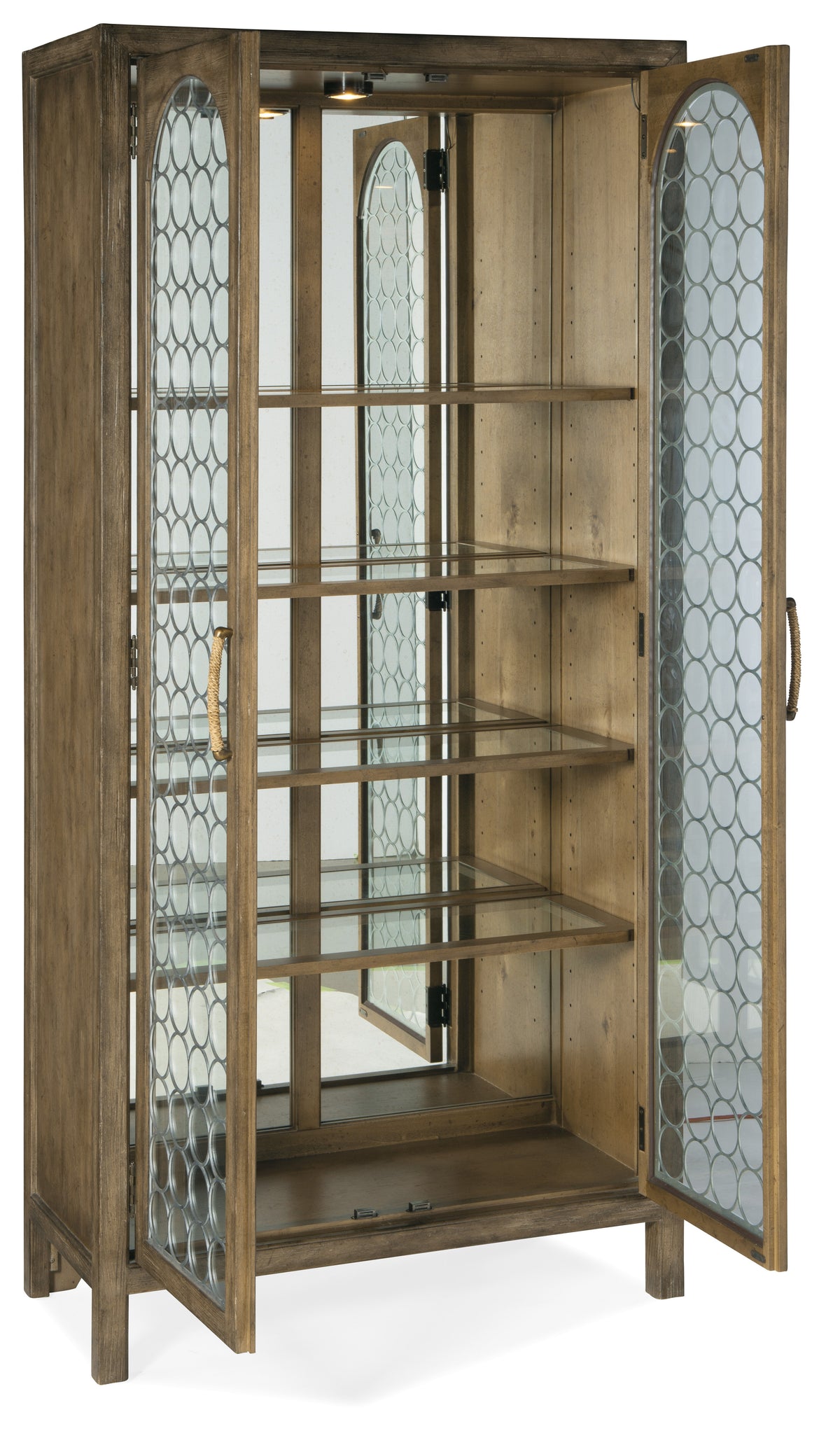 a wood cabinet with glass shelves