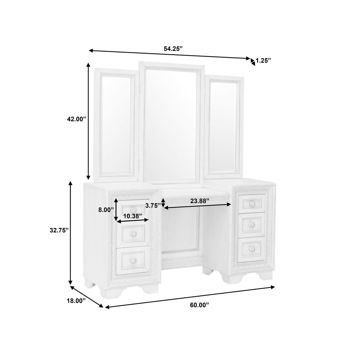 a white vanity with a mirror and drawers
