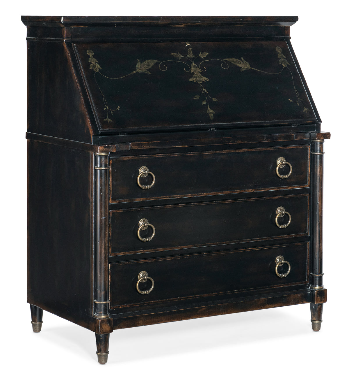 a black desk with gold handles