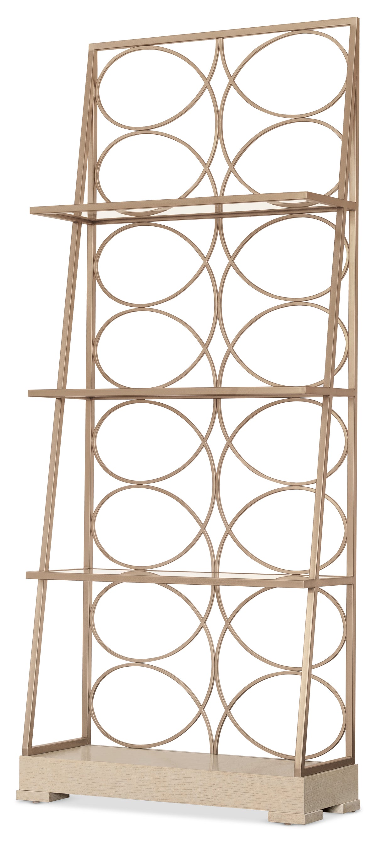 a wood shelf with circular designs