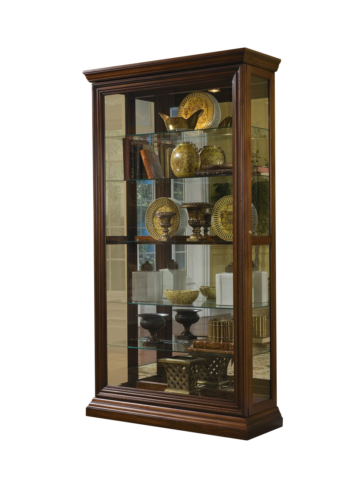 a glass cabinet with various objects on it