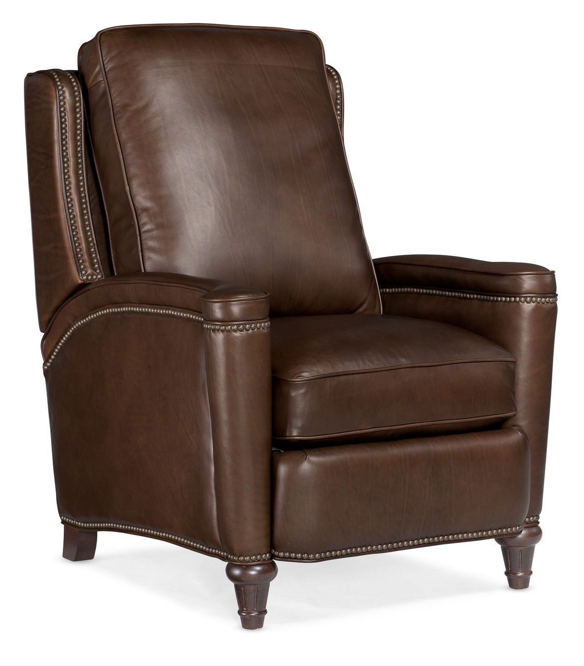 a brown leather chair with wooden legs