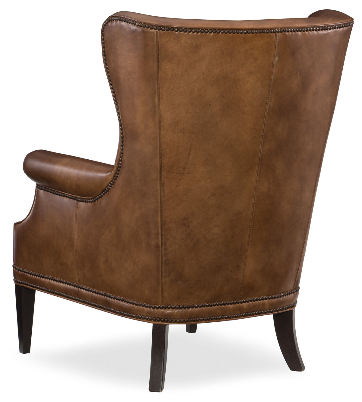 a brown leather chair with wooden legs