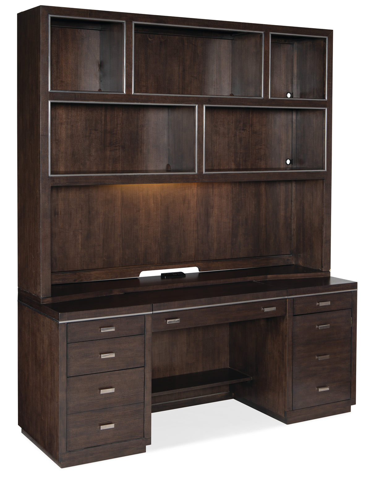 a desk with a hutch and shelves