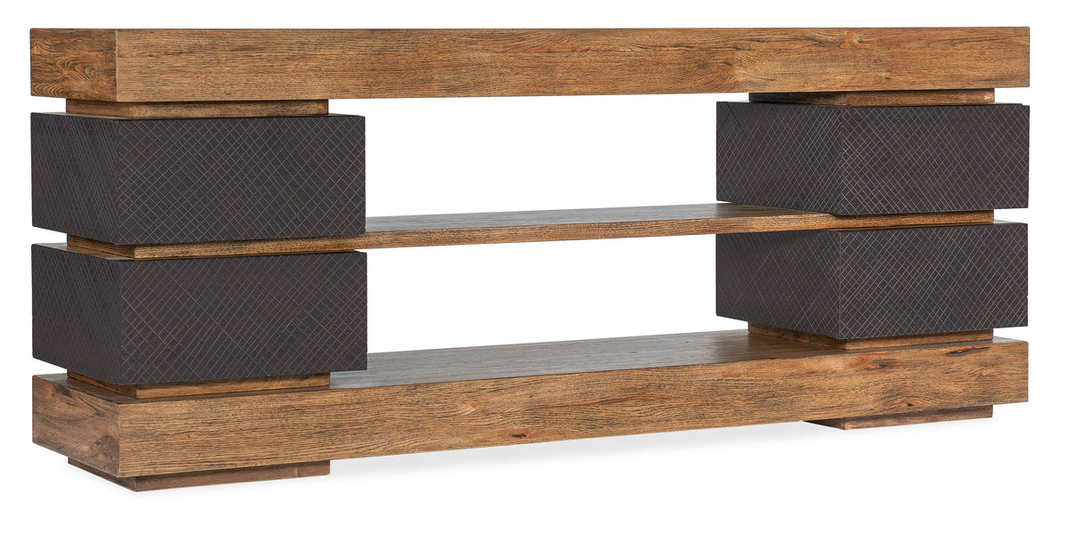 a wooden shelf with black cubes