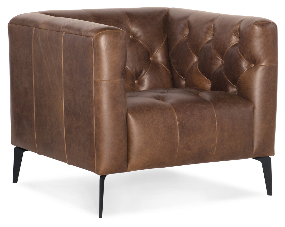a brown leather chair with black legs