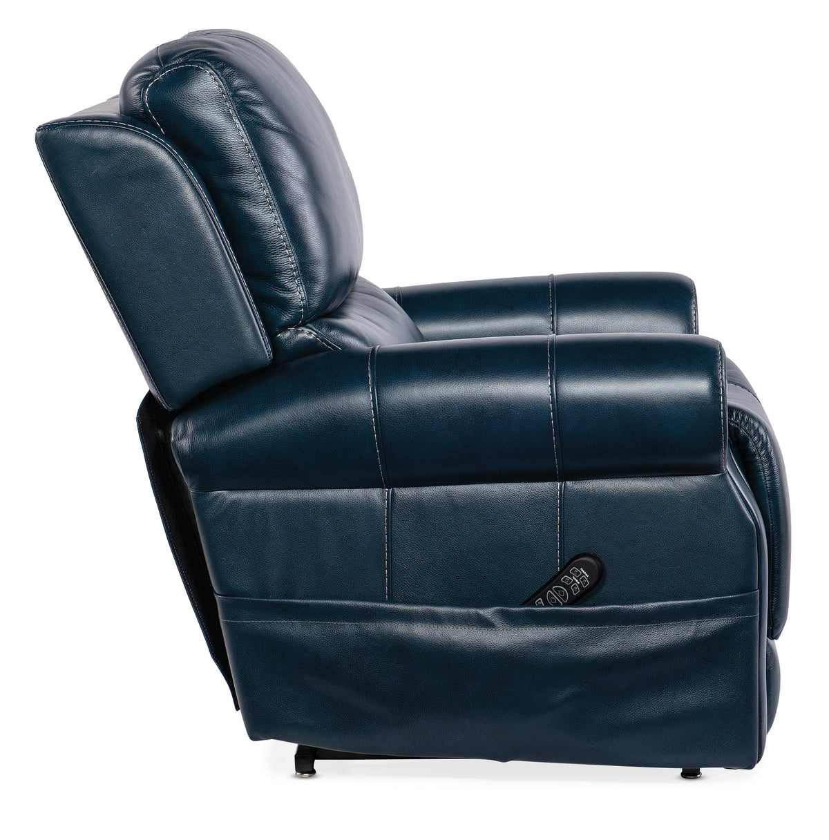 a blue leather recliner chair