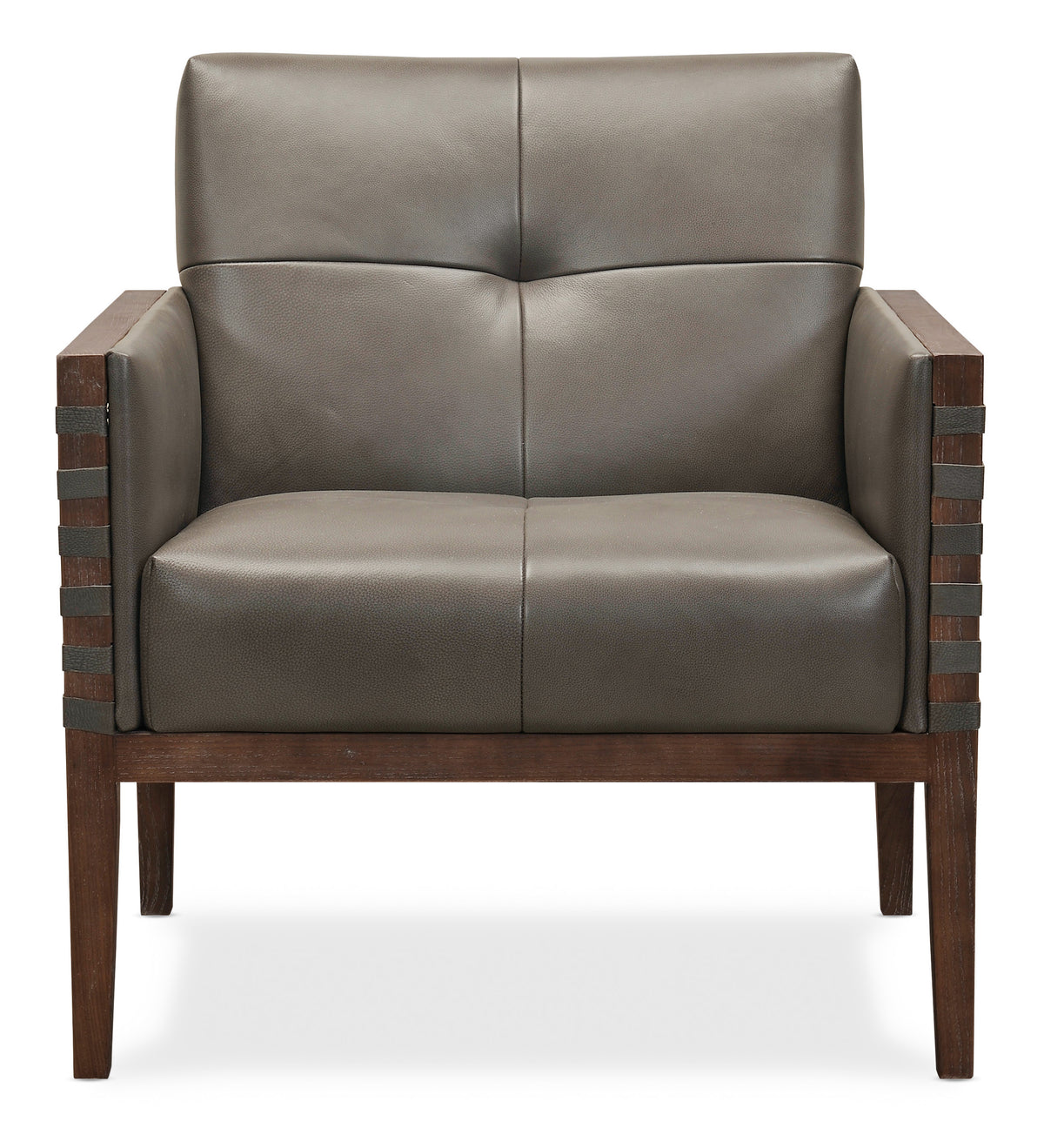 a grey leather chair with wooden legs