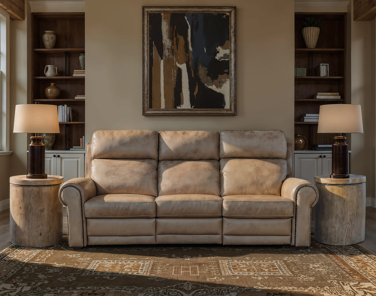 a couch and two lamps in a room