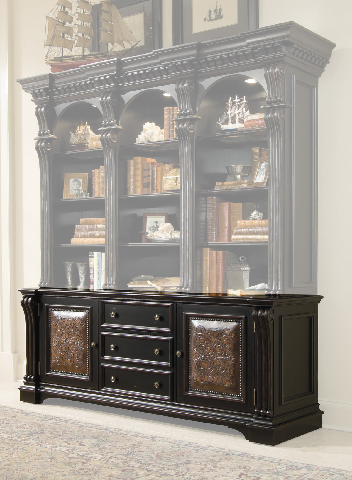 a black bookcase with books on it