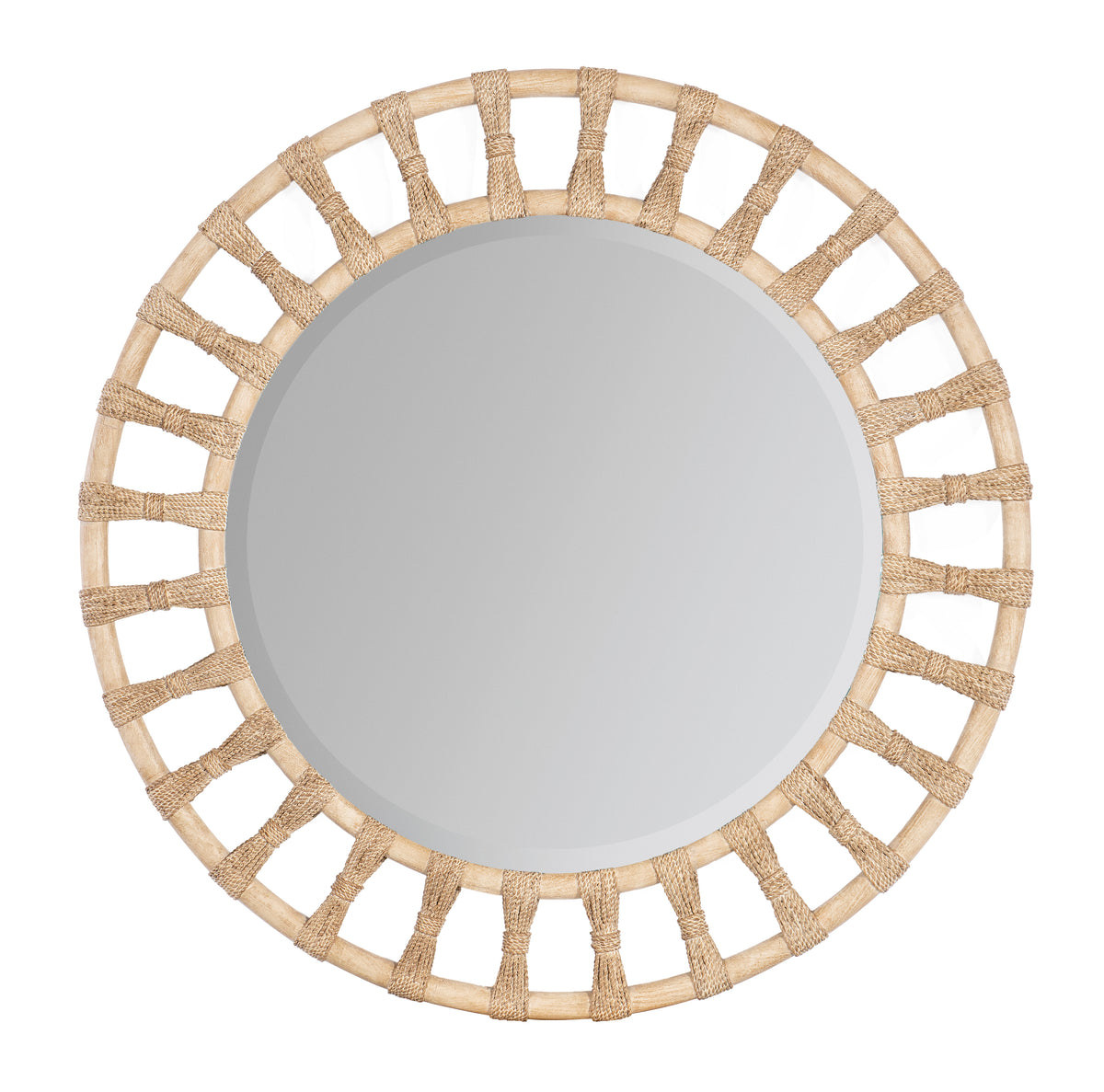 a round mirror with a woven frame