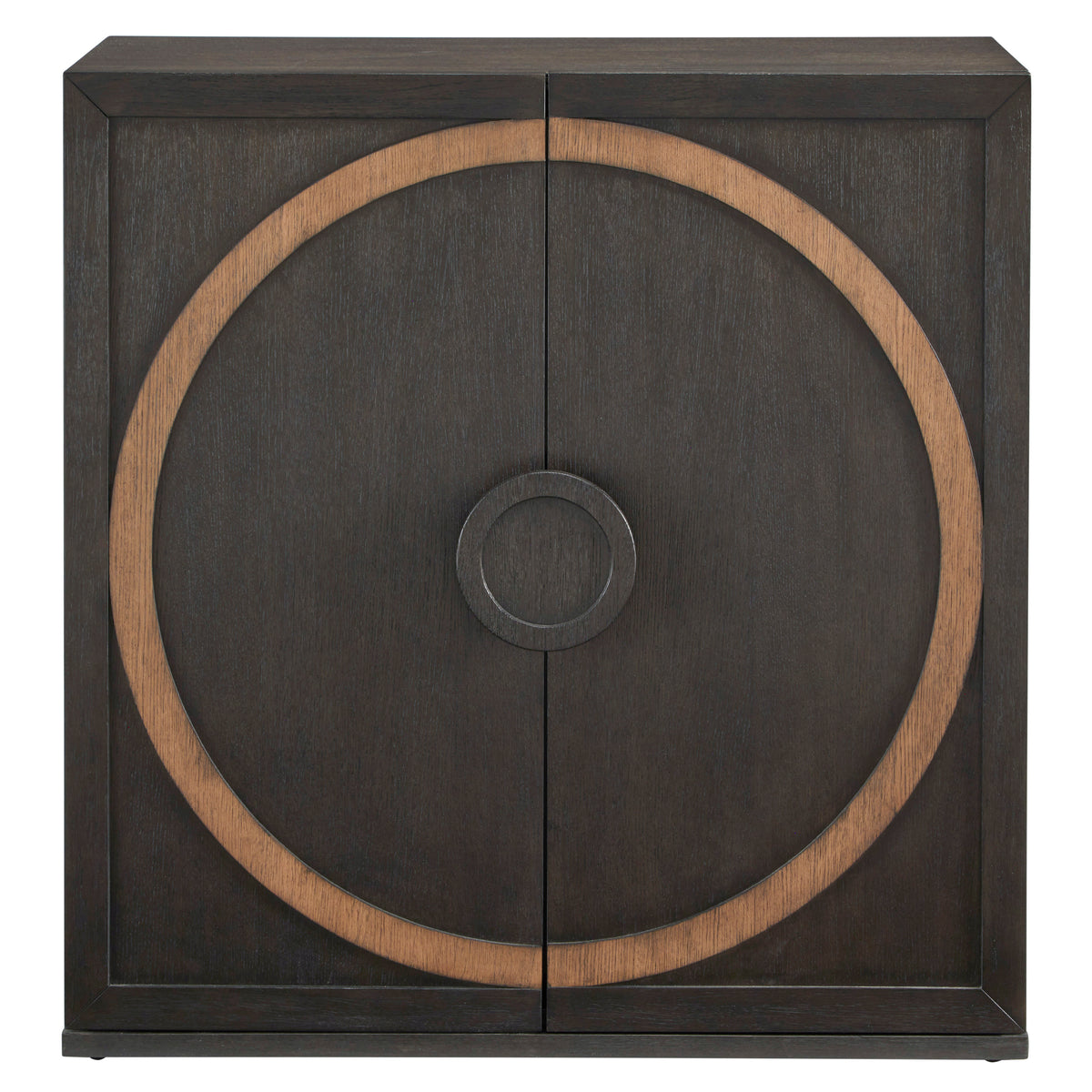 a brown cabinet with a circle in the middle