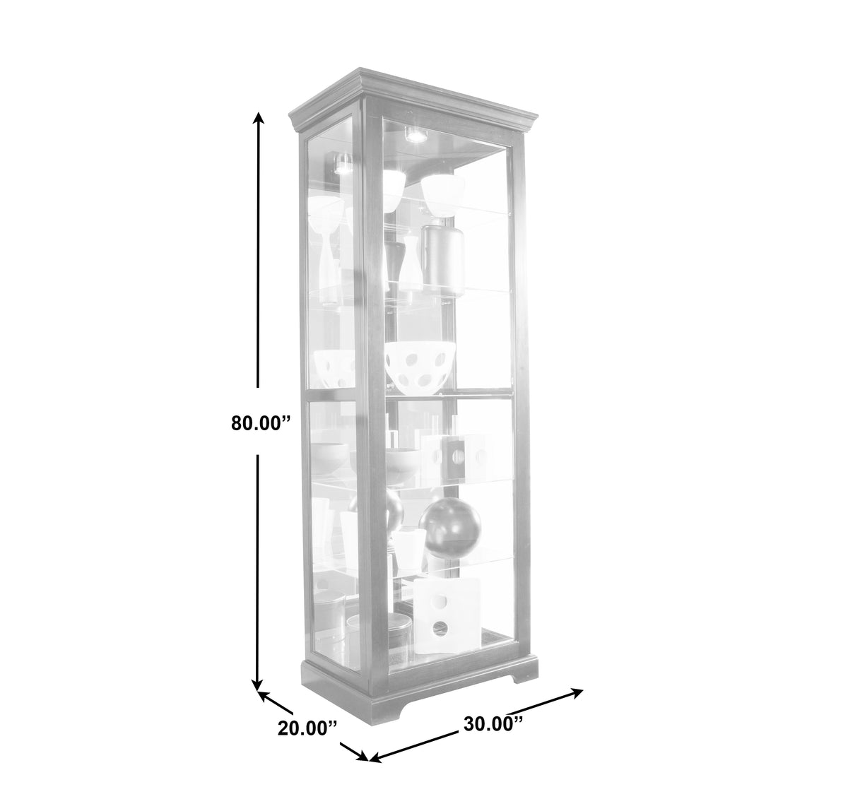 a tall glass cabinet with dimensions