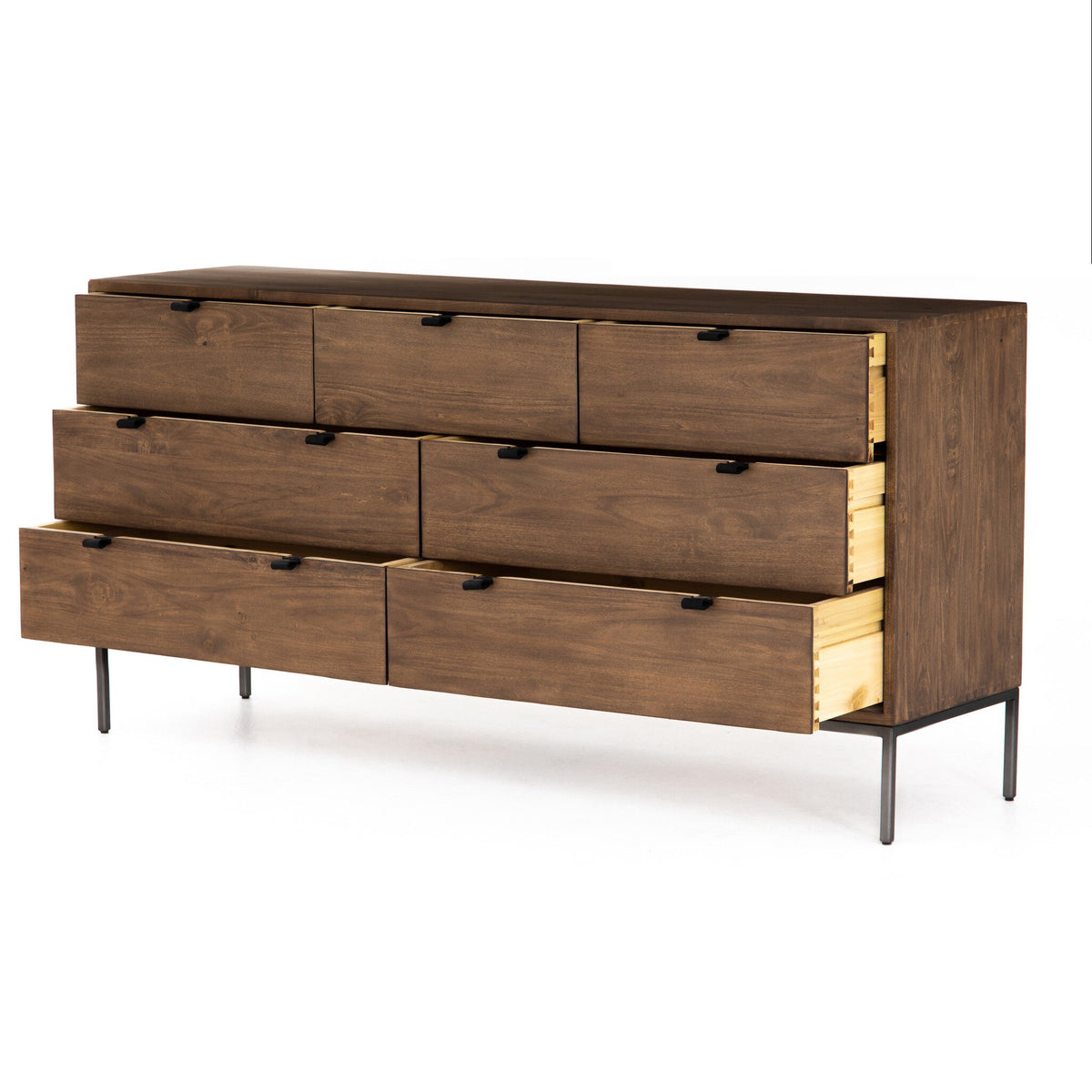 a brown dresser with drawers