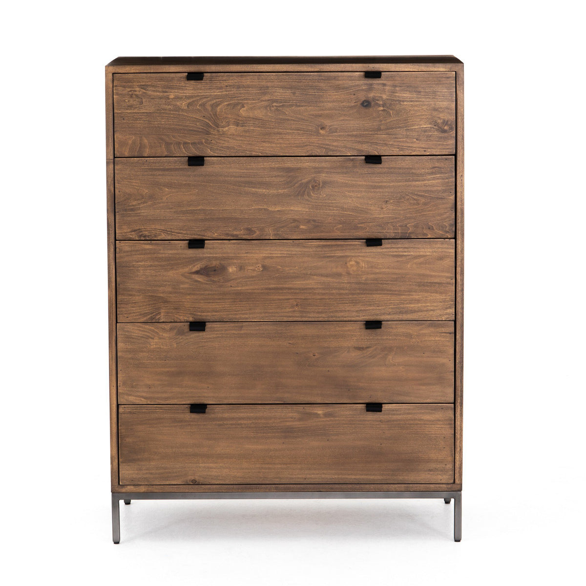 a wooden dresser with metal legs