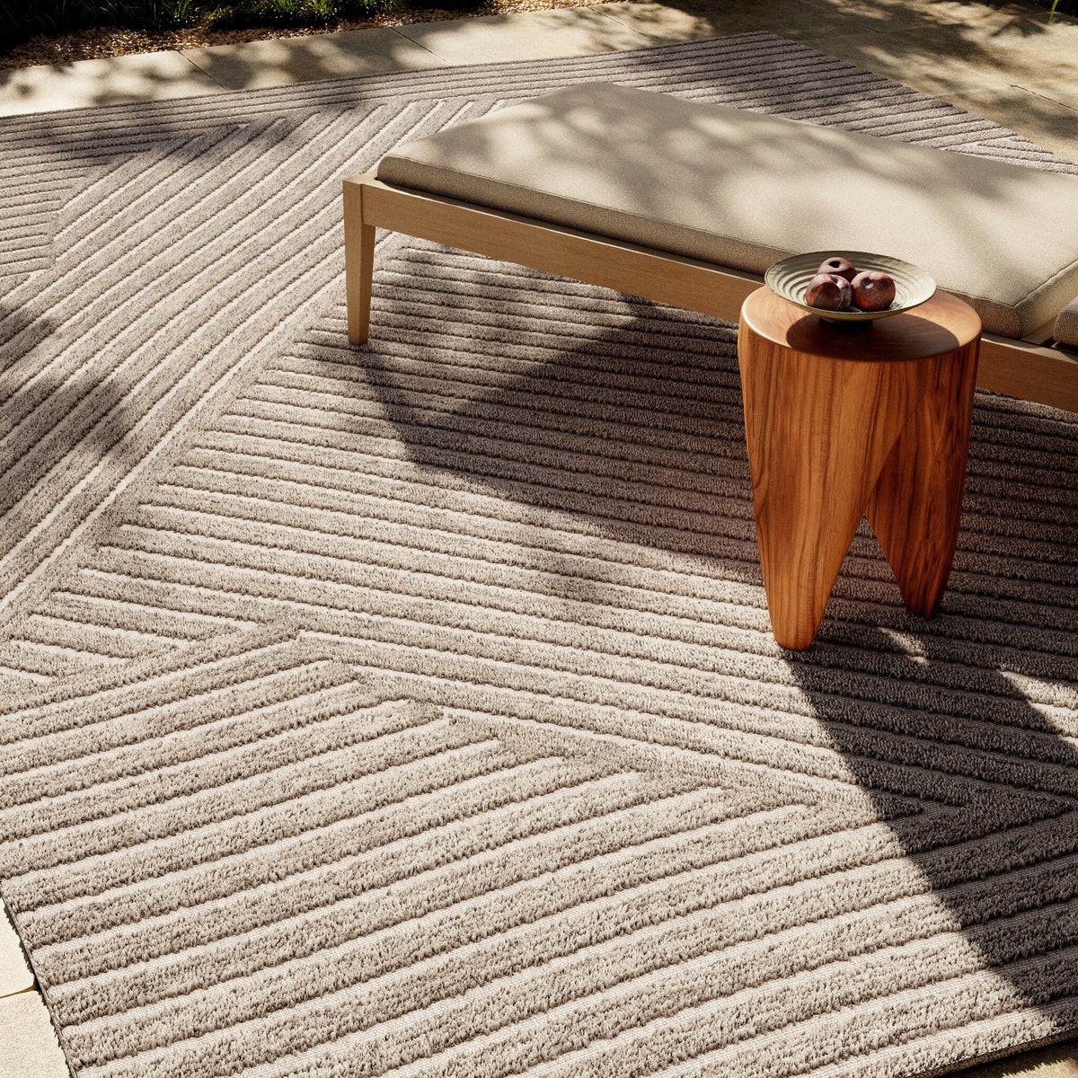 a bench on a rug