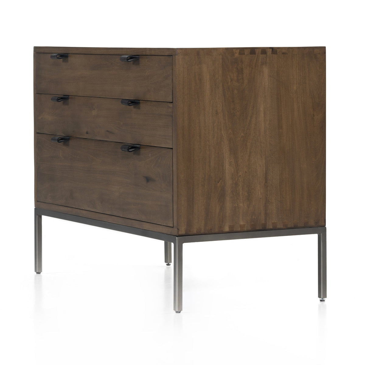 a brown dresser with metal legs