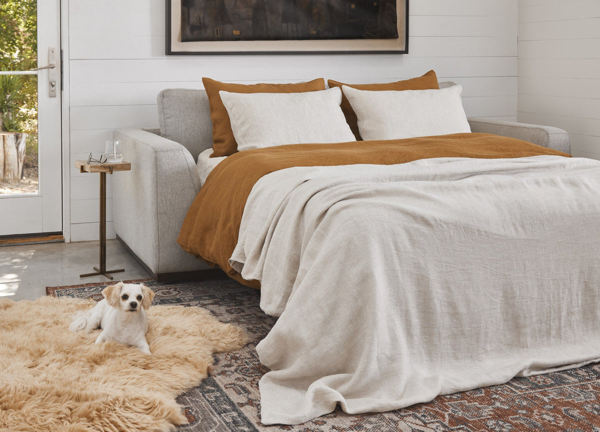 a dog lying on a rug in front of a bed