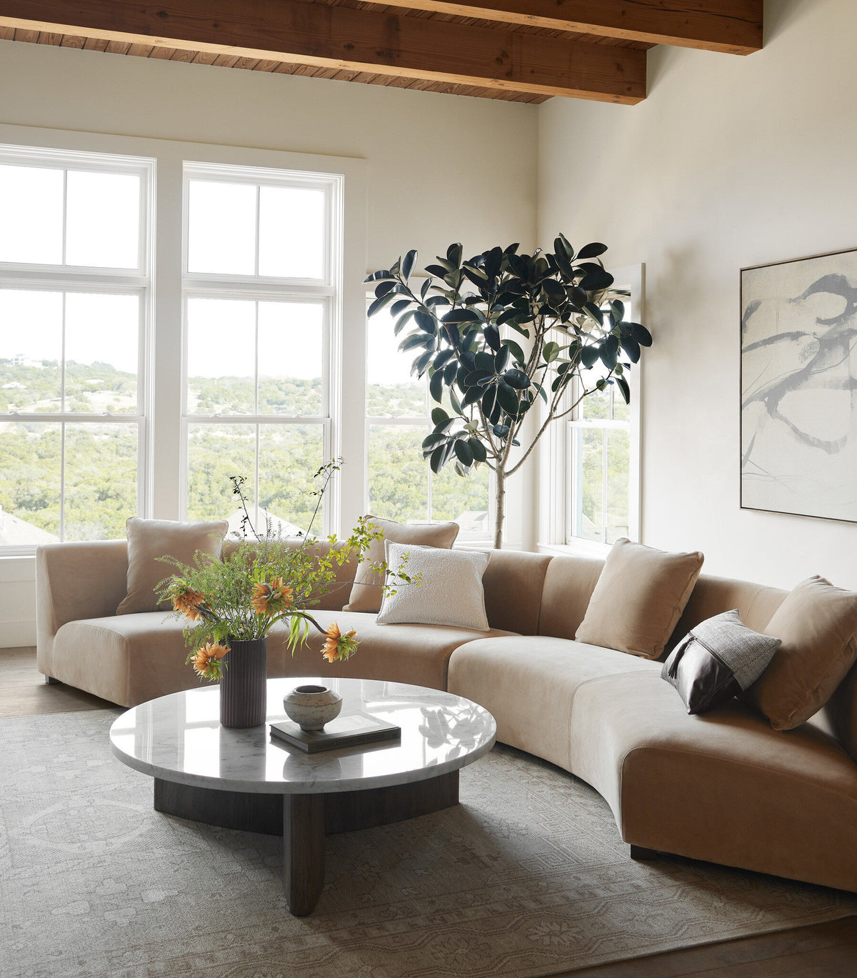 a living room with a couch and a table