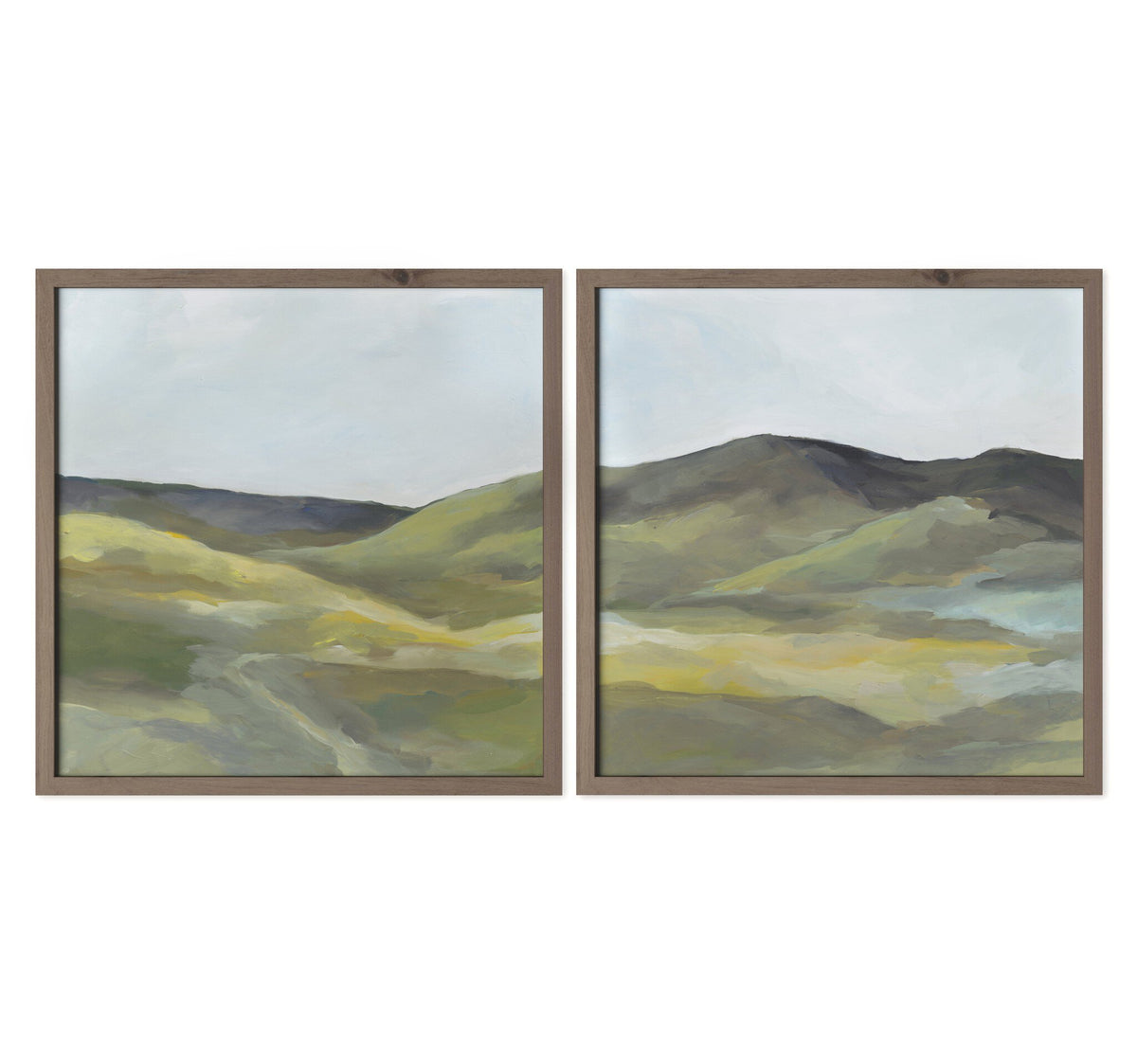 two framed pictures of hills