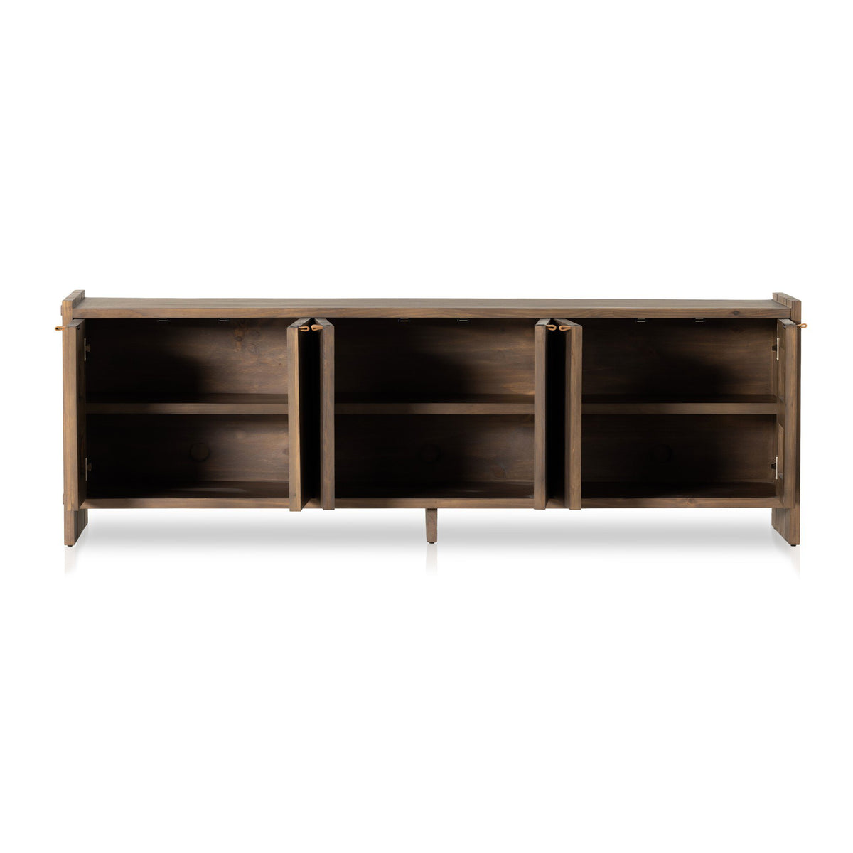 a wooden shelf with three shelves
