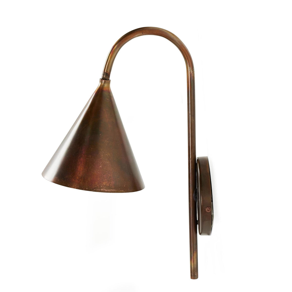 a metal lamp with a cone shaped shade
