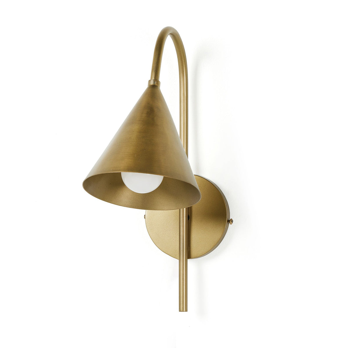 a gold wall lamp with a cone shaped shade
