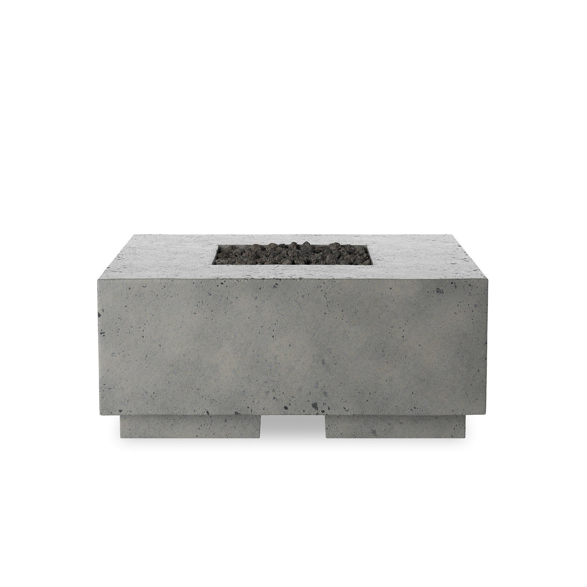 a grey rectangular stone fire pit