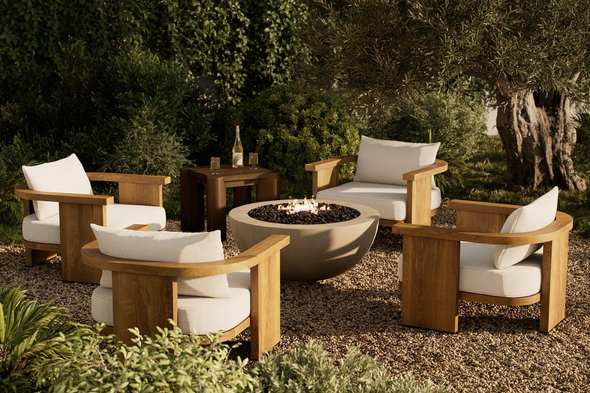 a patio with chairs and a fire pit