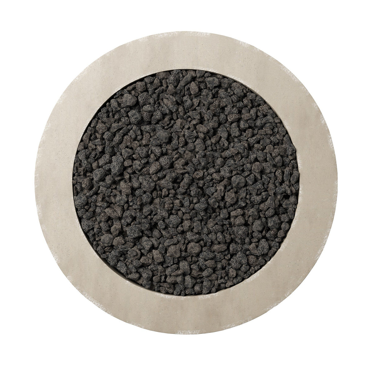 a round white circle with black pebbles in it