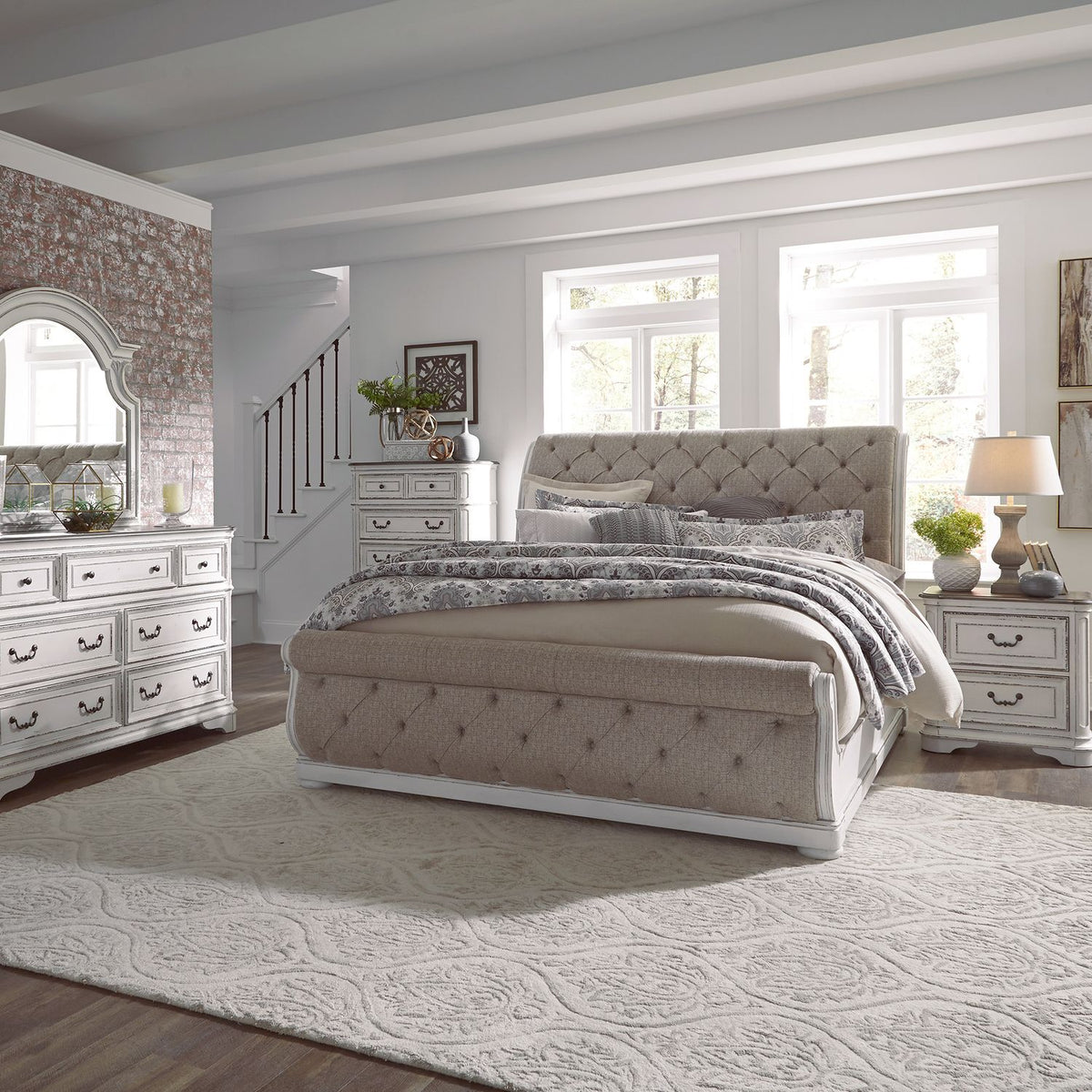 244-BR-CKUSLDMCN - King California Upholstered Sleigh Bed, Dresser & Mirror, Chest, Night Stand - Liberty Furniture