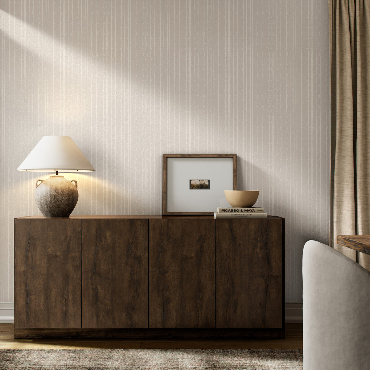 a room with a cabinet and a lamp
