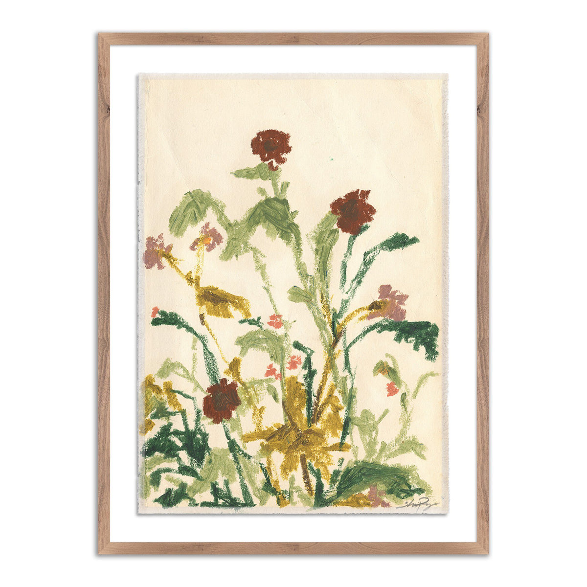 a painting of flowers in a wooden frame