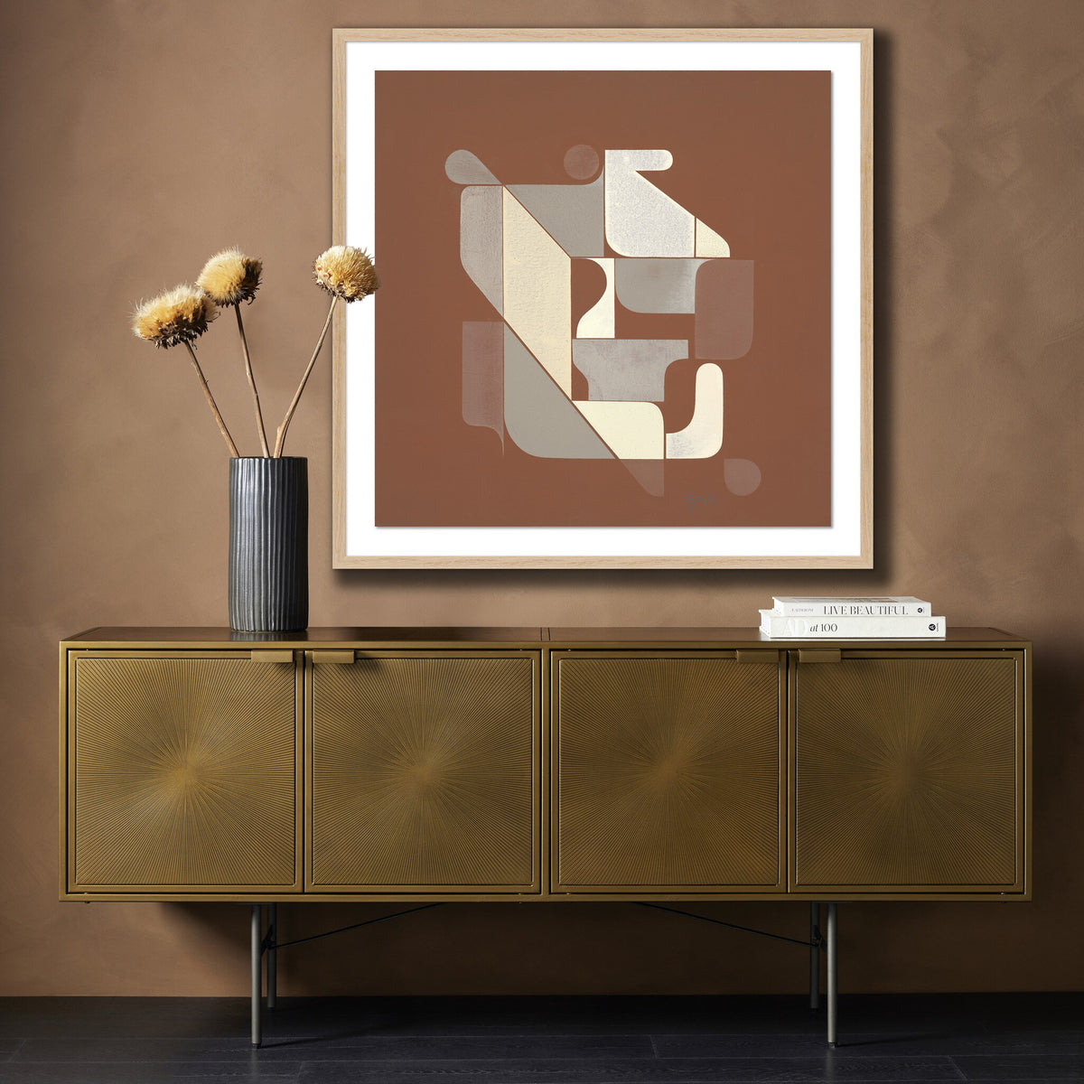 a painting on a cabinet