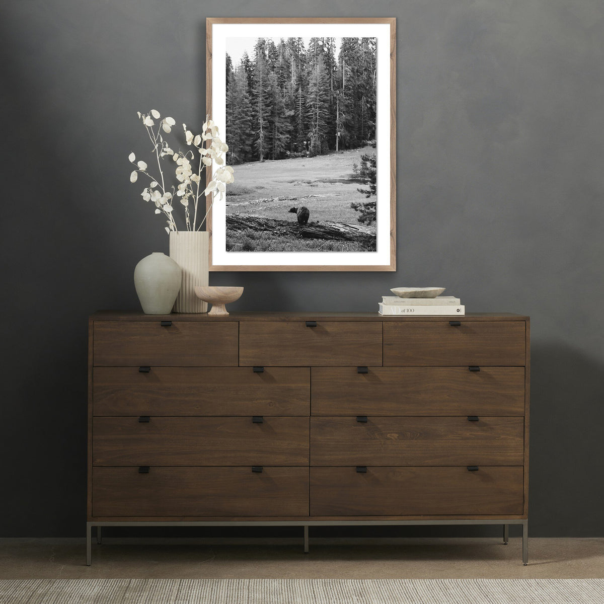 a picture on a dresser