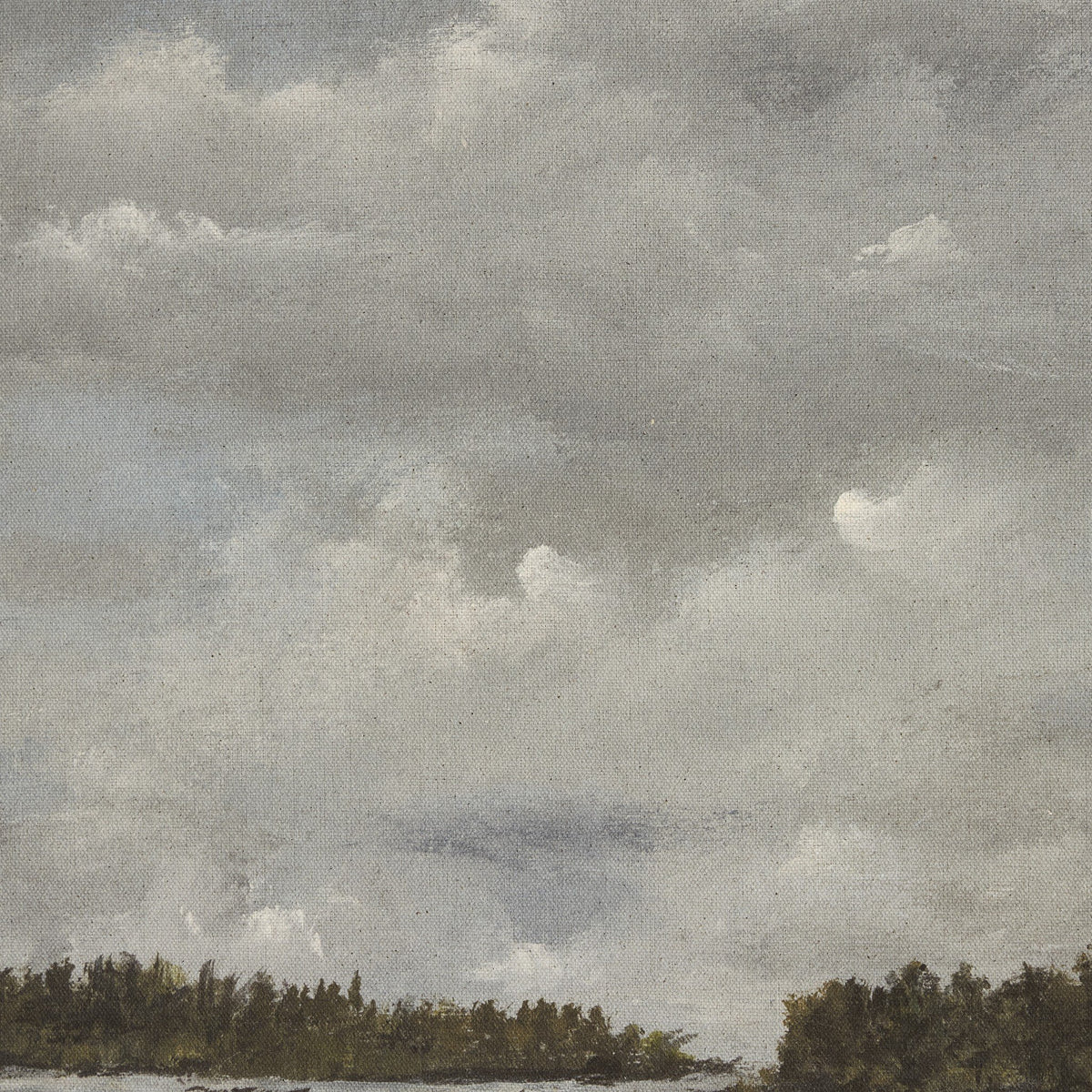 a painting of a lake with trees and clouds