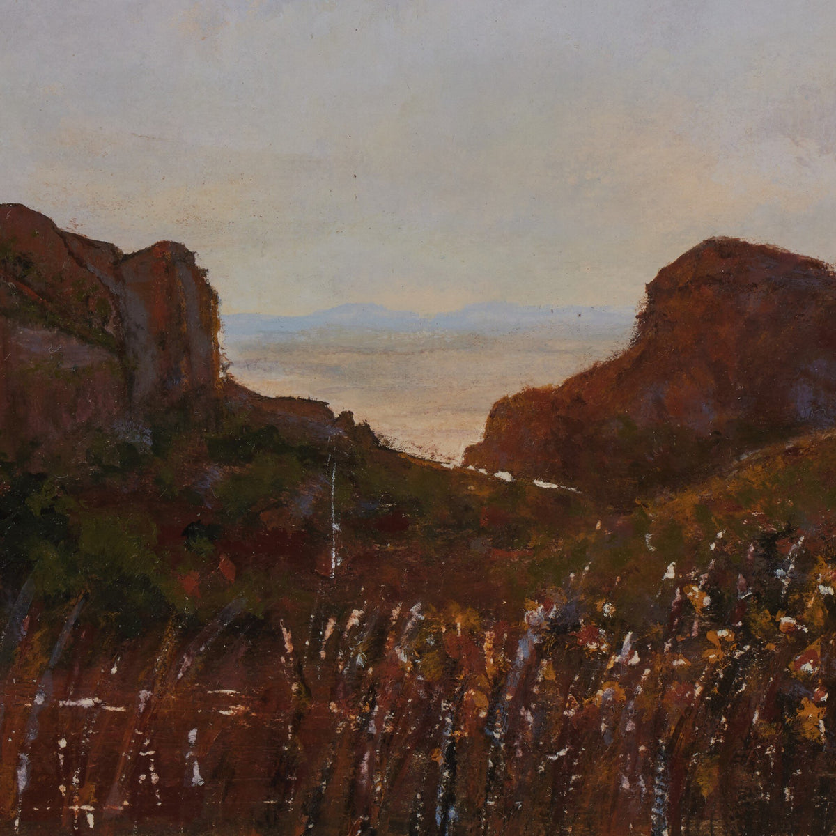 a painting of a landscape with mountains and grass
