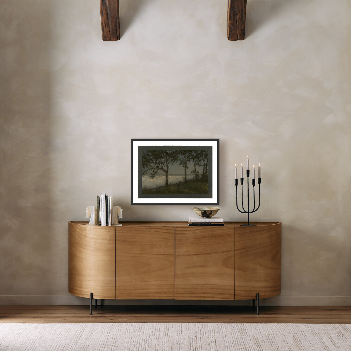 a wooden cabinet with a picture on it