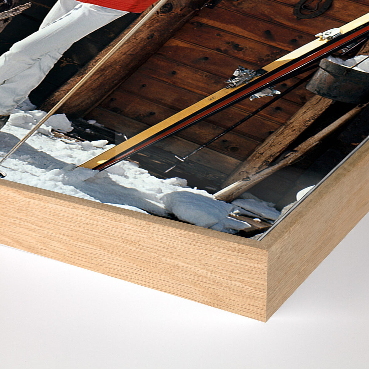 a wooden frame with a person holding skis