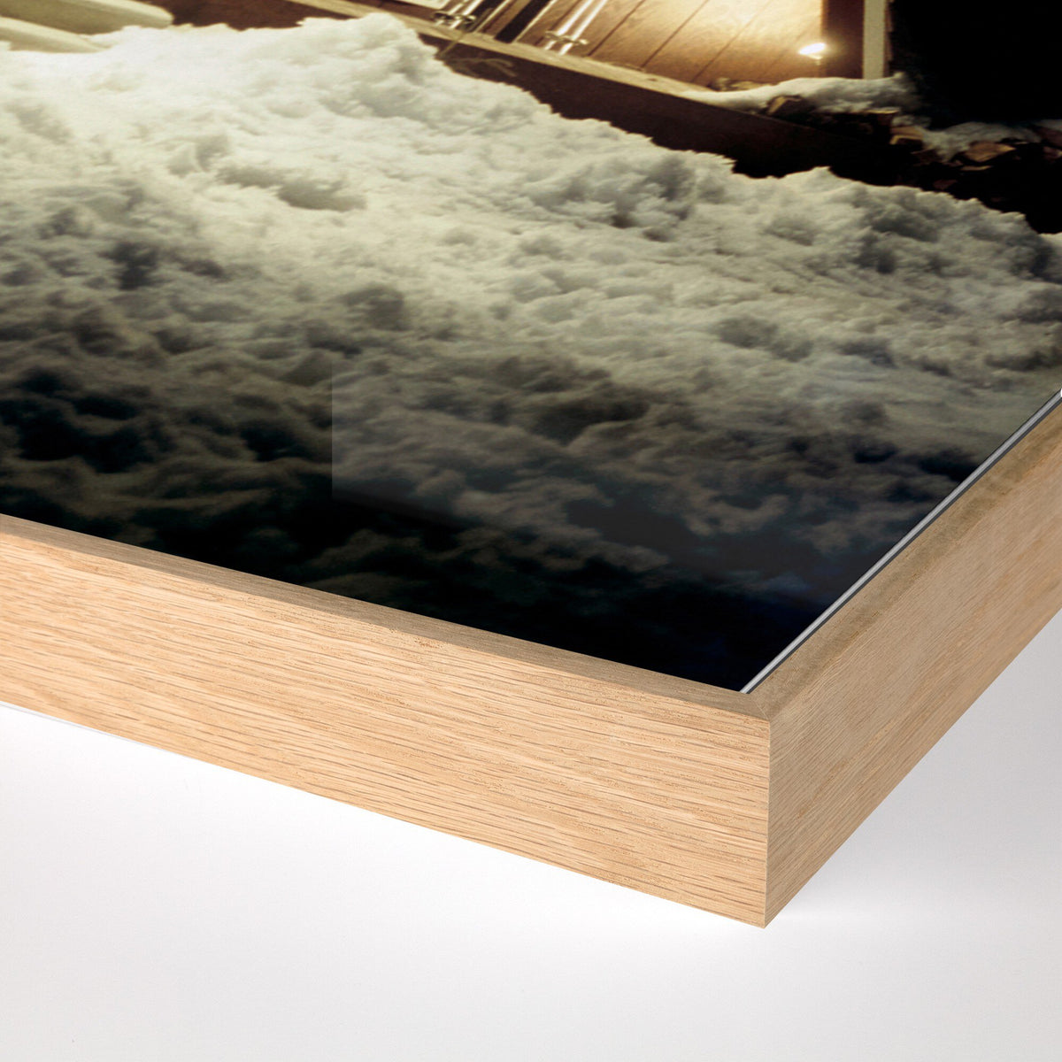 a wooden surface with a picture of clouds