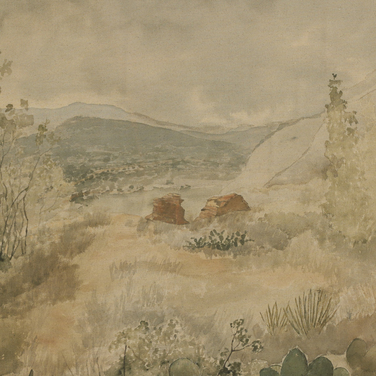a painting of a landscape with trees and mountains