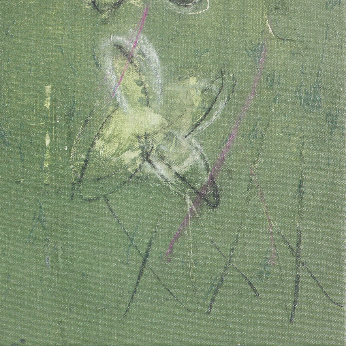 a green canvas with black and white scribbles