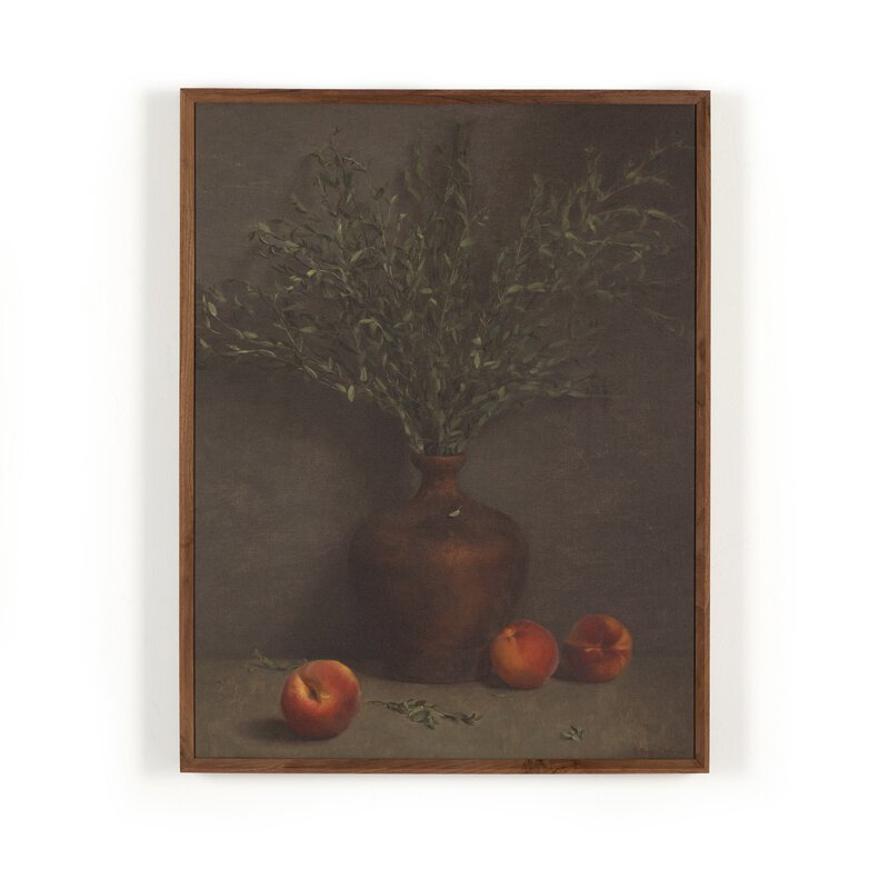a painting of a vase and fruit