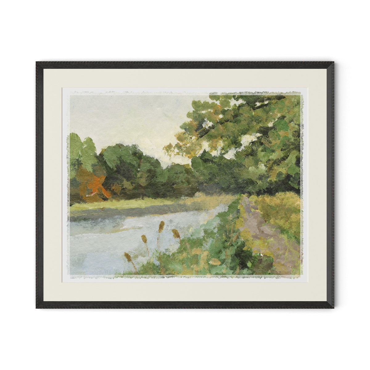 a framed picture of a river