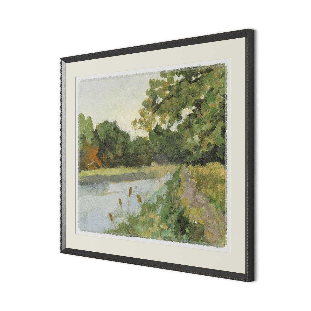 a framed picture of a river
