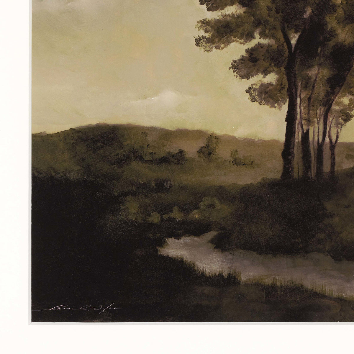 a painting of a landscape with trees and a stream