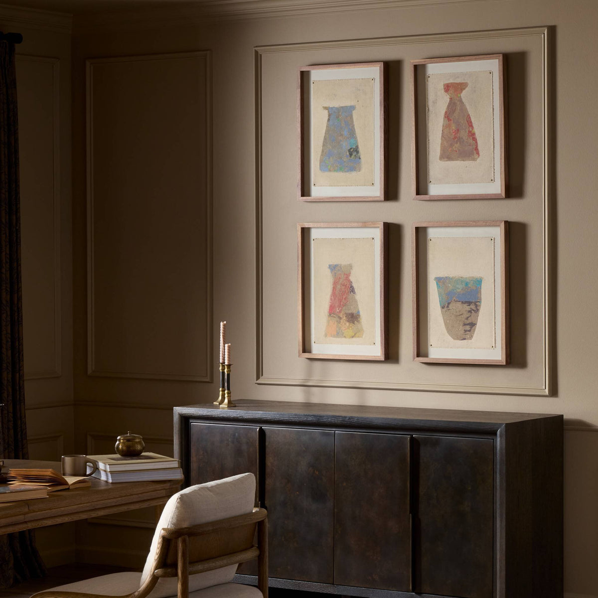 a room with a cabinet and a chair