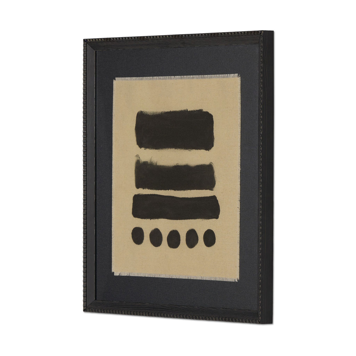 a framed picture of a black and tan piece of art