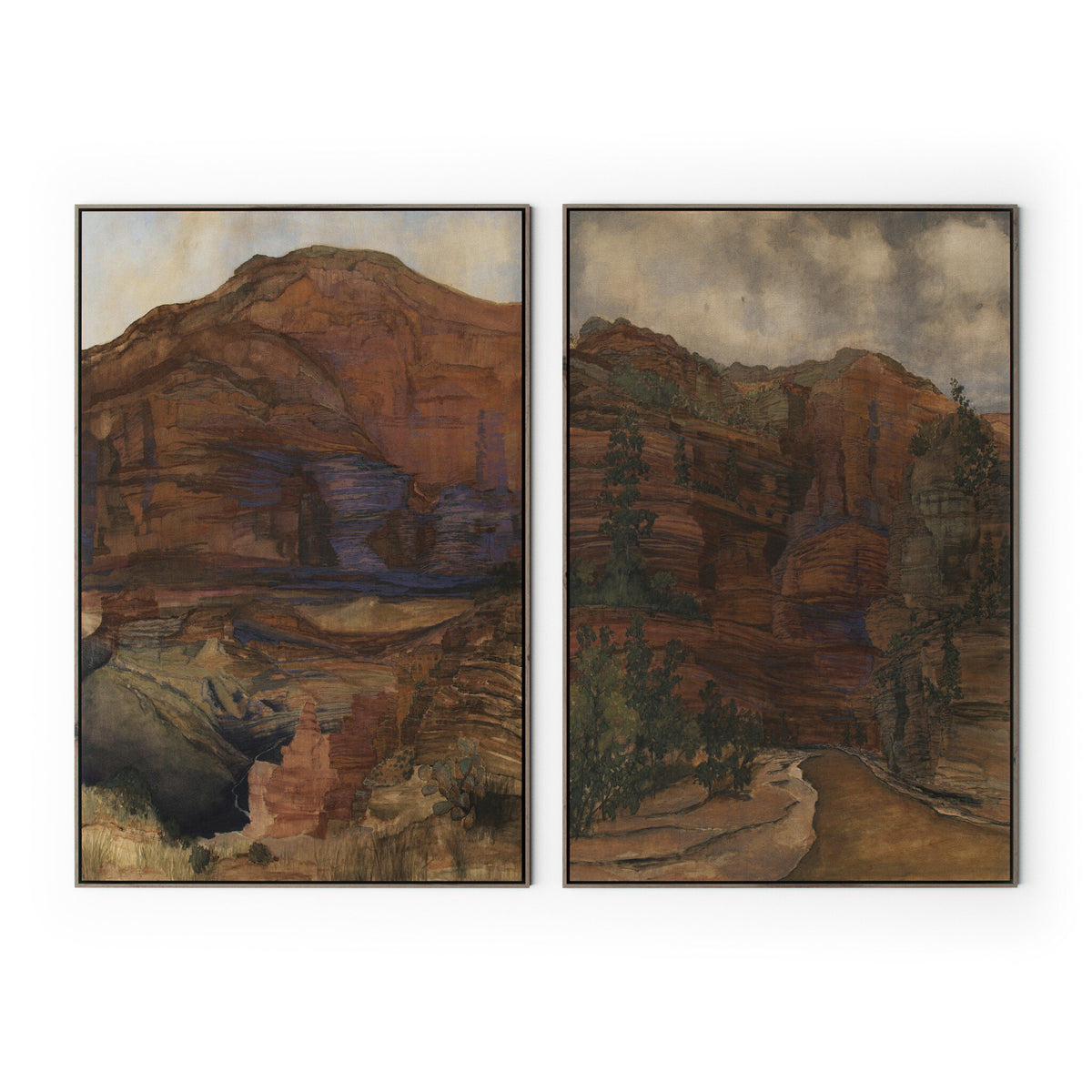 a two paintings of a mountain